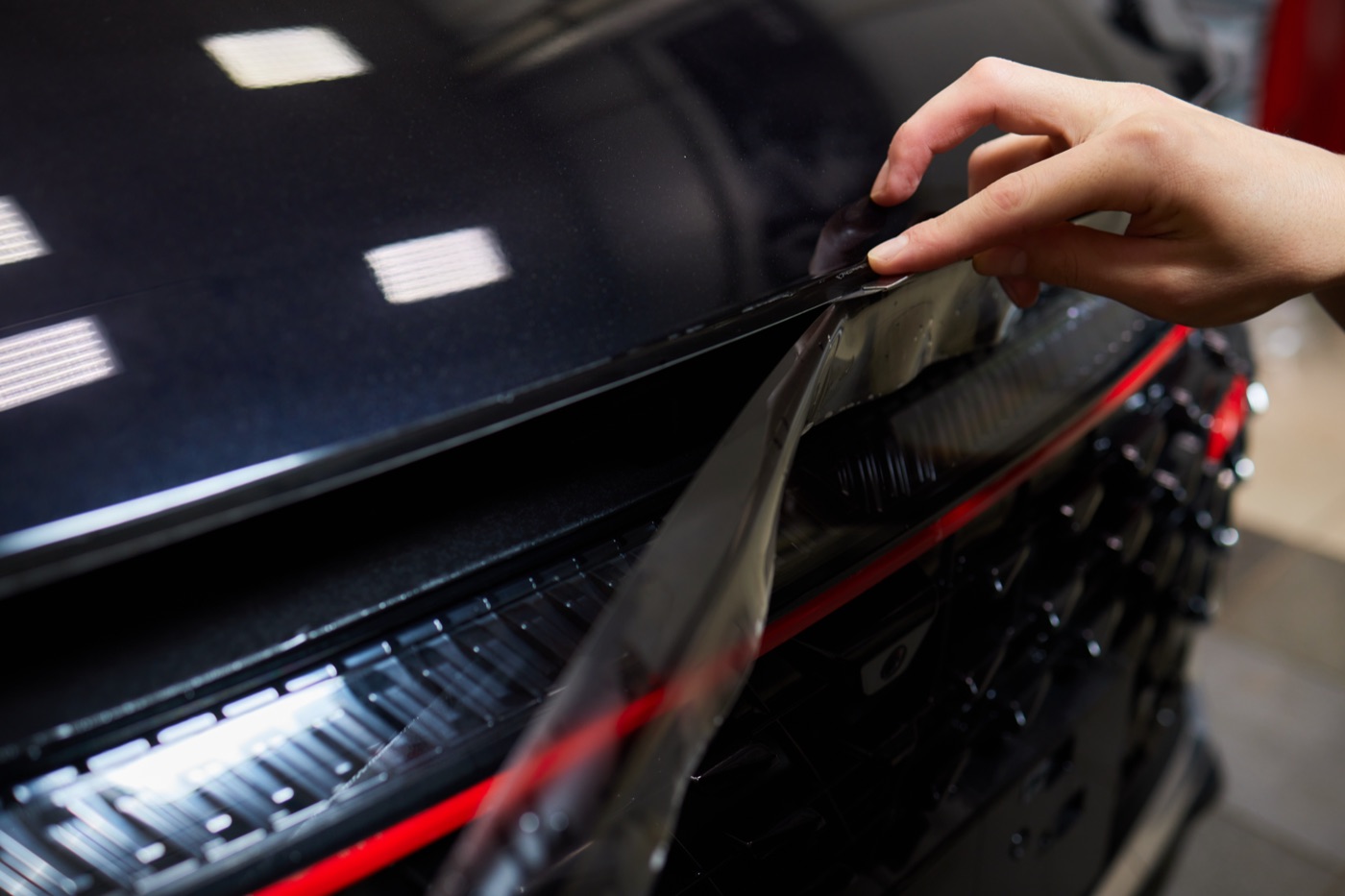 Clear paint protection film being lifted along the leading edge of a car's hood